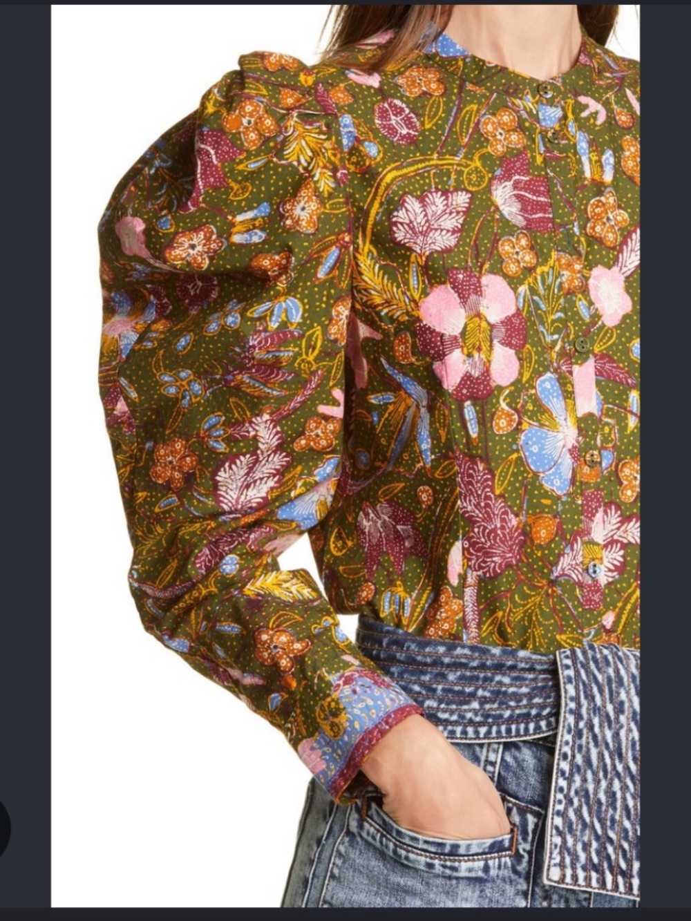 Ulla Johnson Willa Puff Sleeve Cotton Blouse in Pine Floral - Picture 2 of 9